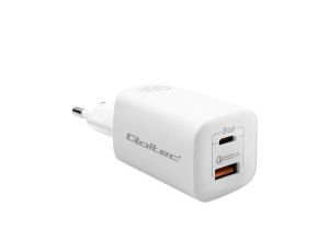 Qoltec Ładowarka sieciowa 65W GaN ULTRA 5-20V 2.25-3.25A 1 x USB typ C PD 1 x USB QC 3.0 Laptop Smartfon Biała