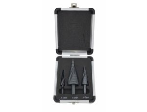 AW WIERTŁO STOPNIOWE SPIRALNE KPL. 3szt./ 4-12 4-20 4-32mm/ AICrN/ CZARNE/ ETUI PLASTIK.