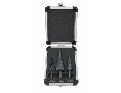 AW WIERTŁO STOPNIOWE SPIRALNE KPL. 3szt./ 4-12 4-20 4-32mm/ AICrN/ CZARNE/ ETUI PLASTIK.