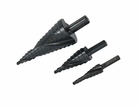 AW WIERTŁO STOPNIOWE SPIRALNE KPL. 3szt./ 4-12 4-20 4-39mm/ AICrN/ CZARNE/ ETUI PLASTIK. - 2