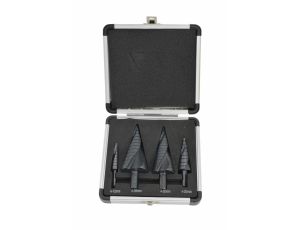 AW WIERTŁO STOPNIOWE SPIRALNE KPL. 4szt./ 4-12 4-20 4-32 4-39mm/ AICrN/ CZARNE/ ETUI PLASTIK