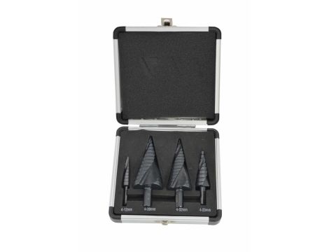 AW WIERTŁO STOPNIOWE SPIRALNE KPL. 4szt./ 4-12 4-20 4-32 4-39mm/ AICrN/ CZARNE/ ETUI PLASTIK