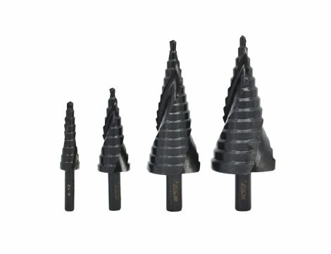AW WIERTŁO STOPNIOWE SPIRALNE KPL. 4szt./ 4-12 4-20 4-32 4-39mm/ AICrN/ CZARNE/ ETUI PLASTIK - 2