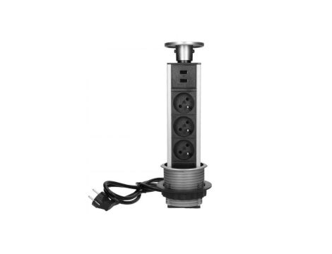 Gniazdo meblowe wysuwane z blatu potrójne 3x 230V 2P+Z + 2x USB-A z maskownicą i przewodem 1,8m INOX Virone