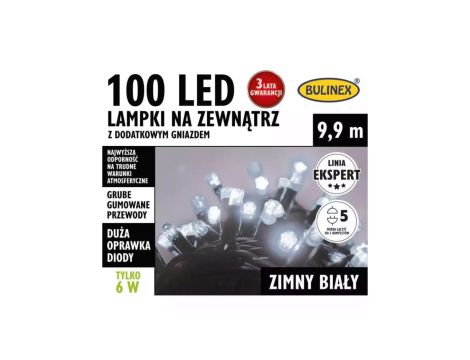 Lampki Bulinex 100led białe zimne 9,90m zewnętzrne z dodatkowym gniazdem sznur