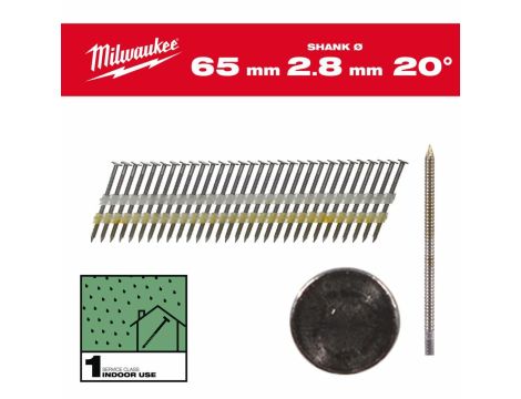 MILWAUKEE GWOŹDZIE 20° PIERŚCIENIOWE OKRĄGŁY ŁEB JASNY 65mm /2000szt. - M18 FFN21