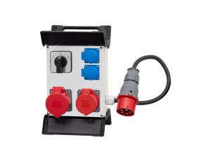 Rozdzielnica R-240 - gniazda 16A 5p, 32A 5p, 2x230V, L/P, przewód OW 5x2,5mm2-1,5m z wtyczką 16A 5p na stelażu plastikowym