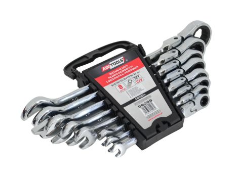 AWTOOLS KLUCZE PŁASKO-OCZKOWE Z GRZECHOTKĄ PRZEGUBOWE KOMPLET 8 szt. 8-22mm