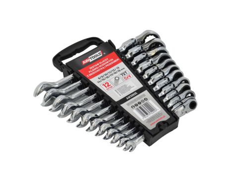 AWTOOLS KLUCZE PŁASKO-OCZKOWE Z GRZECHOTKĄ PRZEGUBOWE KOMPLET 12szt. 8-19mm