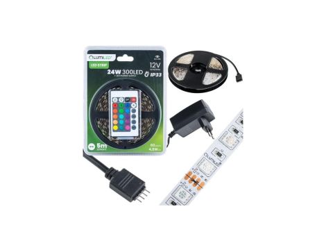 Zestaw Taśma LED Pasek 12V 24W 300LED SMD 5050 RGB 8mm 5m + Zasilacz + Pilot