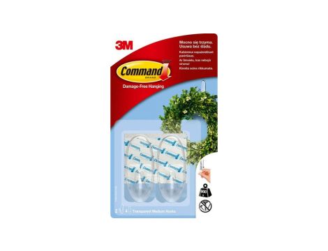 Haczyki przezroczyste średnie wielokrotnego użytku 2szt + 4szt średnie paski mocujące 0,9kg 3M COMMAND