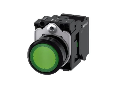 Przycisk okrągły podświetlany, 22 mm, plastik, zielony, przycisk, płaski, ze stykiem chwilowym, z uchwytem, 3SU1102-0AB40-3BA0