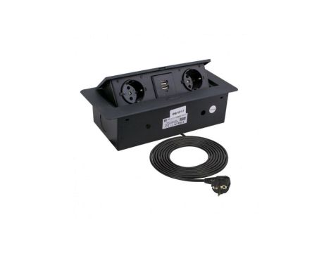 Gniazdo meblowe, blatowe 2x2P+Z 16A 230V + 2xUSB A 2,1A 5V 3m czarny KOMBI BOX