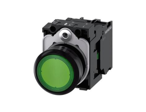 Przycisk podświetlany, 22 mm, okrągły, plastikowy, zielony, przyciskowy, płaski, z zestykiem chwilowym, z uchwytem, ​​1 NO, modu
