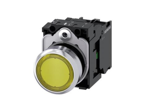 Przycisk podświetlany, 22 mm, okrągły, metalowy, błyszczący, żółty, ​​1 NO, moduł LED z wbudowaną diodą LED 24 V AC/DC, zacisk ś