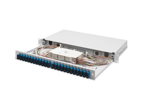 Panel krosowy FO z wyposażeniem 19 1U, 24x SC dx, OS2, pigtaile, adaptery, tacki, wysuwany, szary DN-96322/9