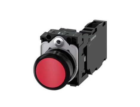 Przycisk 22 mm okrągły plastikowy czerwony płaski ze stykiem chwilowym z uchwytem 1 NO+1 NC 3SU1100-0AB20-1FA0