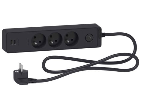 Odace Przedłużacz 3 gniazdowy z łącznikiem 2x USB, 1,5m antracyt ST933U1B