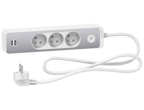 Odace Przedłużacz 3 gniazdowy z łącznikiem 2x USB, 1,5m biały+szczotkowane aluminium ST933U1WA