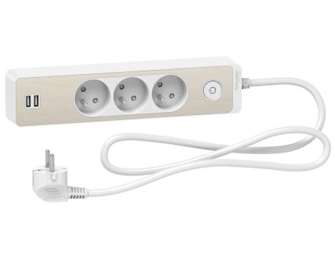 Odace Przedłużacz 3 gniazdowy z łącznikiem 2x USB, 1,5m biały+drewno Nordic ST933U1WC