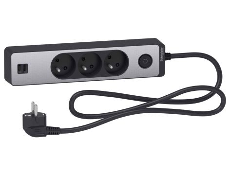 Odace Przedłużacz 3 gniazdowy z łącznikiem 2x USB, 1,5m antracyt+szczotkowane aluminium ST933U1BA