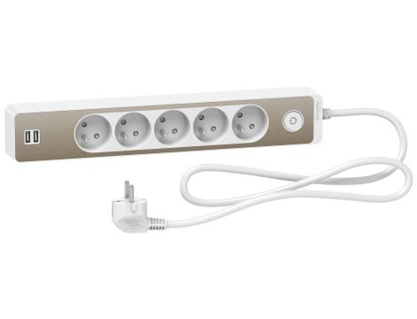 Odace Przedłużacz 5 gniazdowy z łącznikiem 2x USB, 1,5m biały+szczotkowany brąz ST935U1WB
