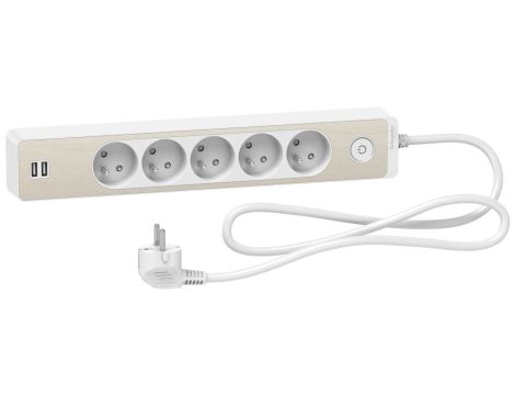 Odace Przedłużacz 5 gniazdowy z łącznikiem 2x USB, 1,5m biały+drewno Nordic ST935U1WC