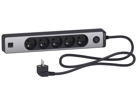 Odace Przedłużacz 5 gniazdowy z łącznikiem 2x USB, 1,5m antracyt+szczotkowane aluminium ST935U1BA