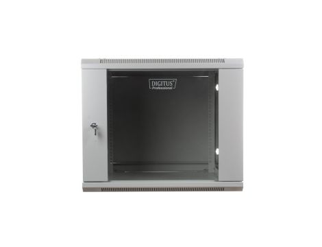 Szafa wisząca jednosekcyjna 19 cali 9U 501/600/600mm drzwi szklane szara (RAL 7035) niezmontowana DN-WU19 09U/600